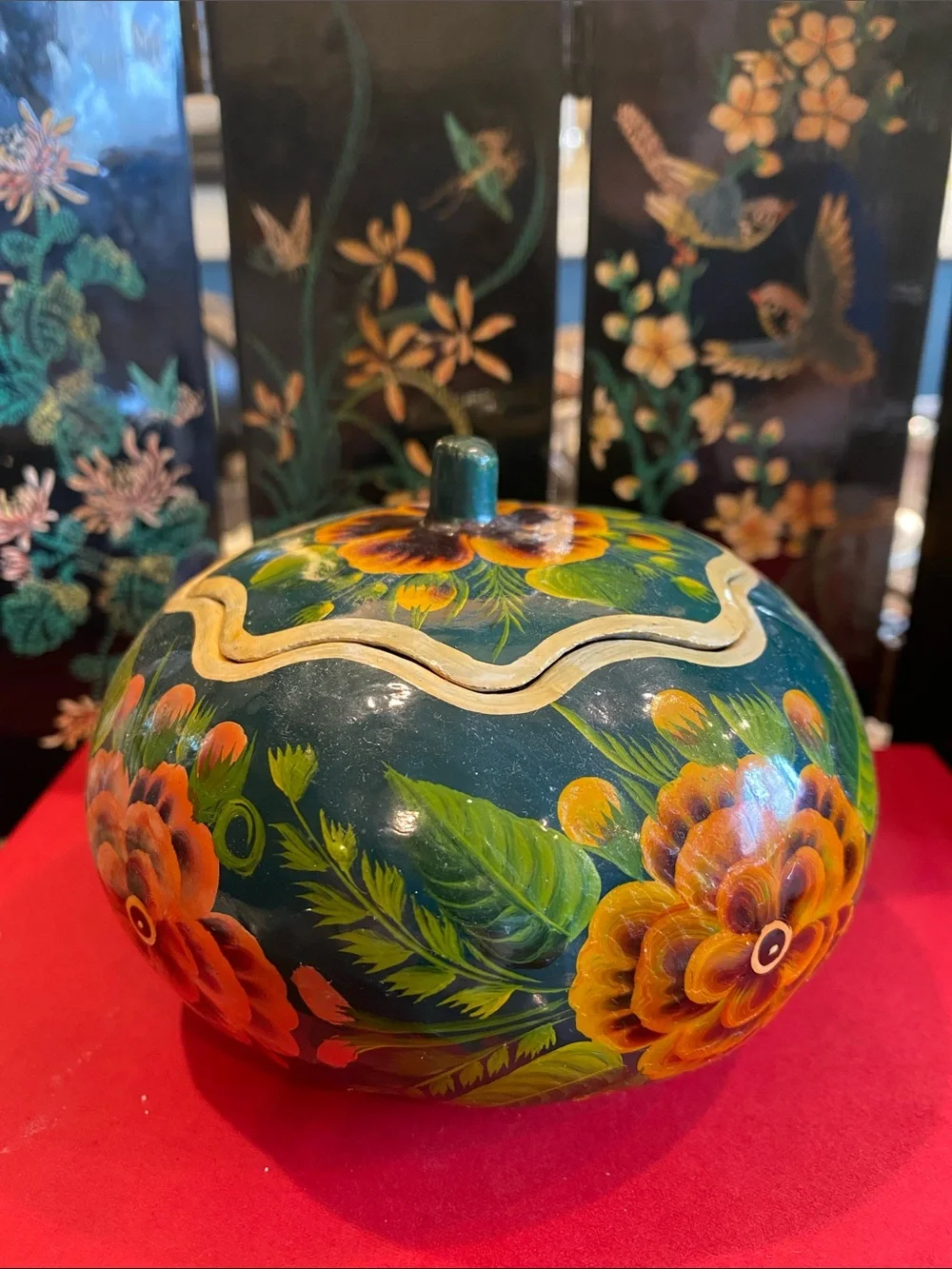 Hand-Painted Floral Lidded Decorative  Trinket Box - Teal and Orange